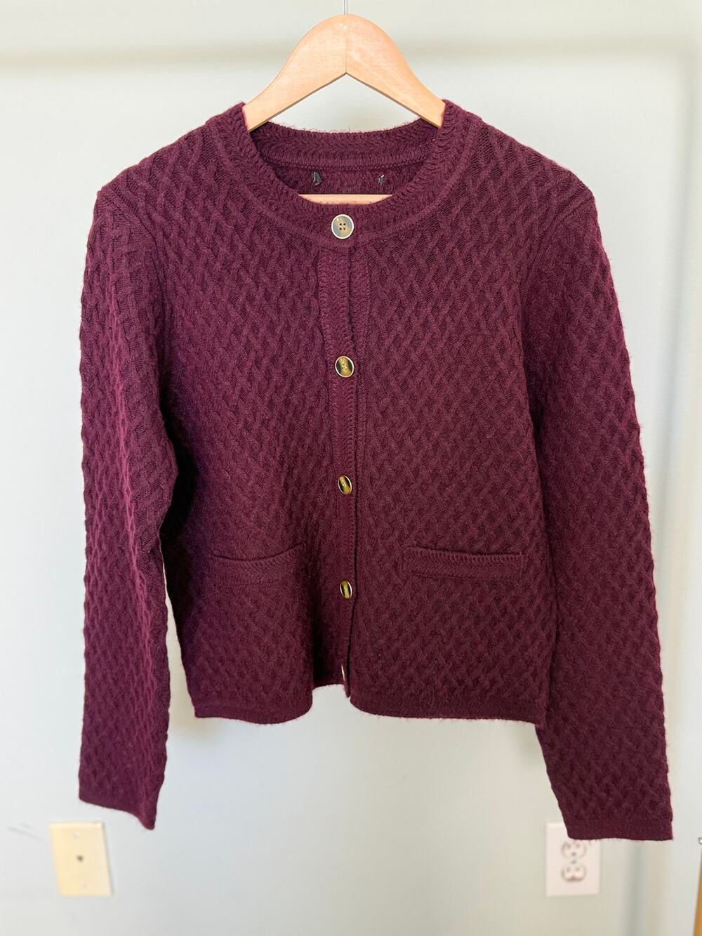 Burgundy Textured Knit Button Cardigan Sweater